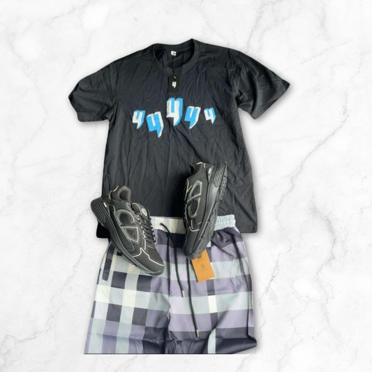 World T-Shirt, Checked Shorts & Sneakers Set